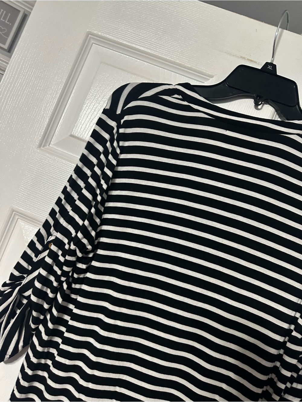 Calvin Klein Striped Half-Zip Roll Tab Sleeve Hi Lo Blouse - Picture 12 of 15